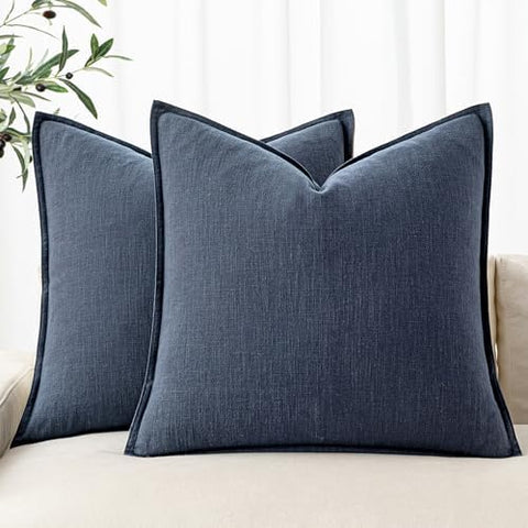 MIULEE Decorative Linen Pillow Covers 18x18 Inch Indigo Blue Boho Farmhouse?Neutral Couch Throw Pillows for Bed Pack of 2 Accent Coastal Modern Pillowcase Summer Sofa Livingroom Home Decor
