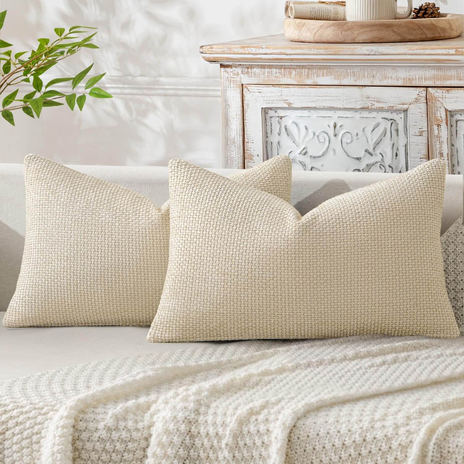 MIULEE Pack of 2 Cream Decorative Pillow Covers 20x12 Inch Soft Chenille Couch Throw Pillows Farmhouse Cushion Covers for Home Decor Sofa Bedroom Living Room