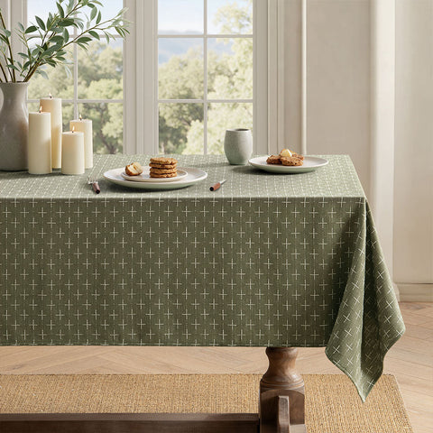 Linen Farmhouse Waterproof Spillproof Cross-Star Textured Tablecloth Olive Green 102Lx60W