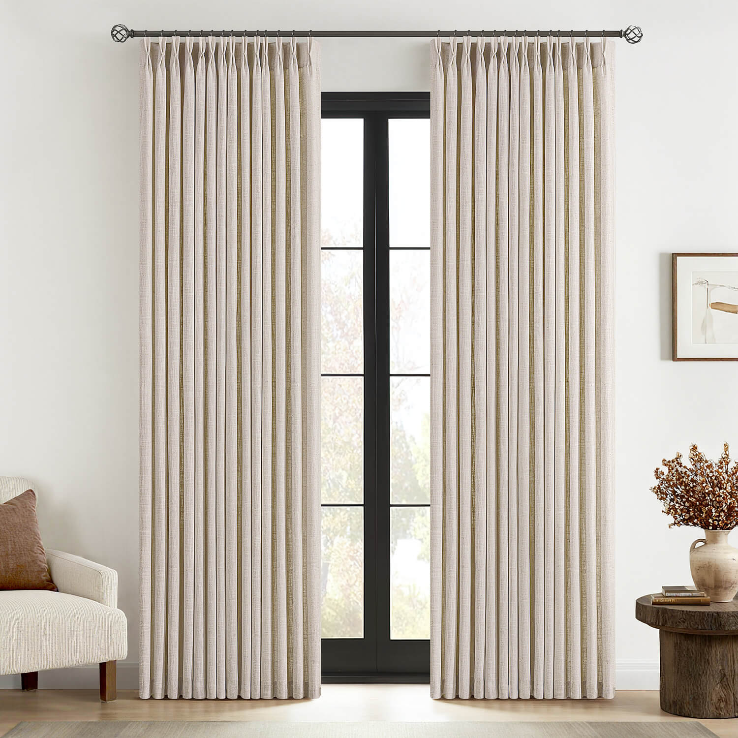 MIULEE Pinch Pleated Linen Curtains 90 Inches Long 2 Panels for Living Room Bedroom Thick Texture Linen Drapes Pinch Pleat Back Tab Semi Sheer Privacy Neutral Ivory Cream Farmhouse Window Curtains