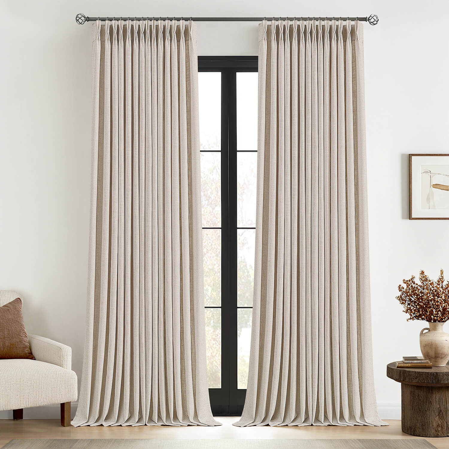 MIULEE Pinch Pleated Linen Curtains 108 Inches Long 2 Panels for Living Room Bedroom Thick Textured Linen Drapes Pinch Pleat Back Tab Semi Sheer Privacy Neutral Ivory Cream Foor to Ceiling Curtains