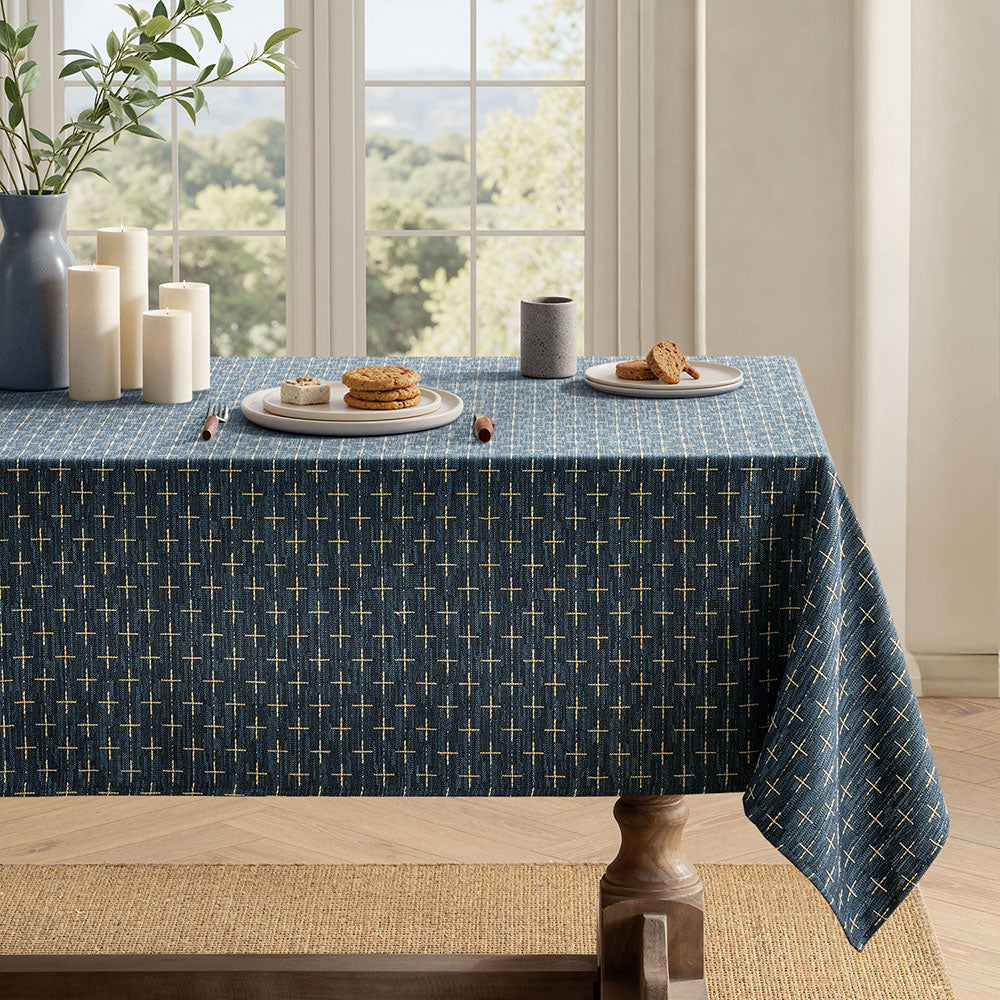 Linen Farmhouse Waterproof Spillproof Cross-Star Textured Tablecloth Navy Blue 70Lx52W