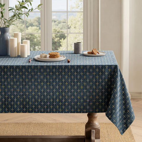 Linen Farmhouse Waterproof Spillproof Cross-Star Textured Tablecloth Navy Blue 70Lx52W