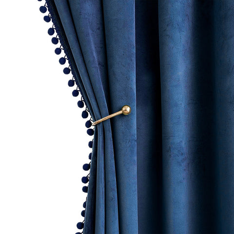 MIULEE Pom Pom Velvet Blackout Curtains Navy Blue 52Wx63L