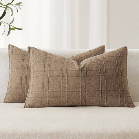 Decorative Linen Check Euro Shams Throw Pillow Covers  Light Brown 20x12-inch