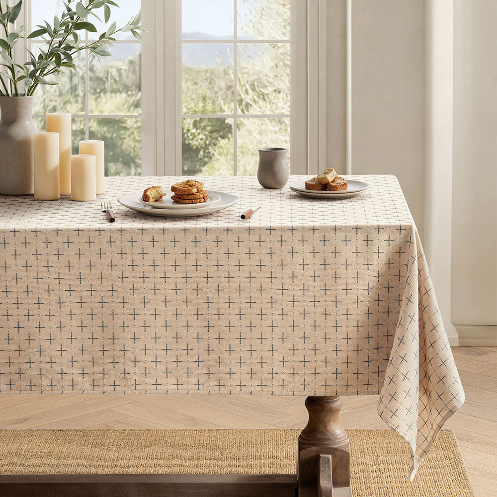 Linen Farmhouse Waterproof Spillproof Cross-Star Textured Tablecloth Natural Beige 70Lx52W