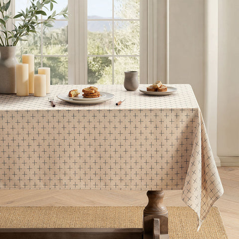 Linen Farmhouse Waterproof Spillproof Cross-Star Textured Tablecloth Natural Beige 70Lx52W