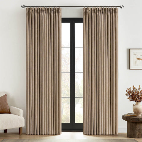 MIULEE Pinch Pleated Linen Curtains 90 Inches Long 2 Panels for Living Room Bedroom Textured Thick Linen Brown Drapes Pleat Back Tab Light Filtering Country Farmhouse Burlap Curtains With Hooks&Rings