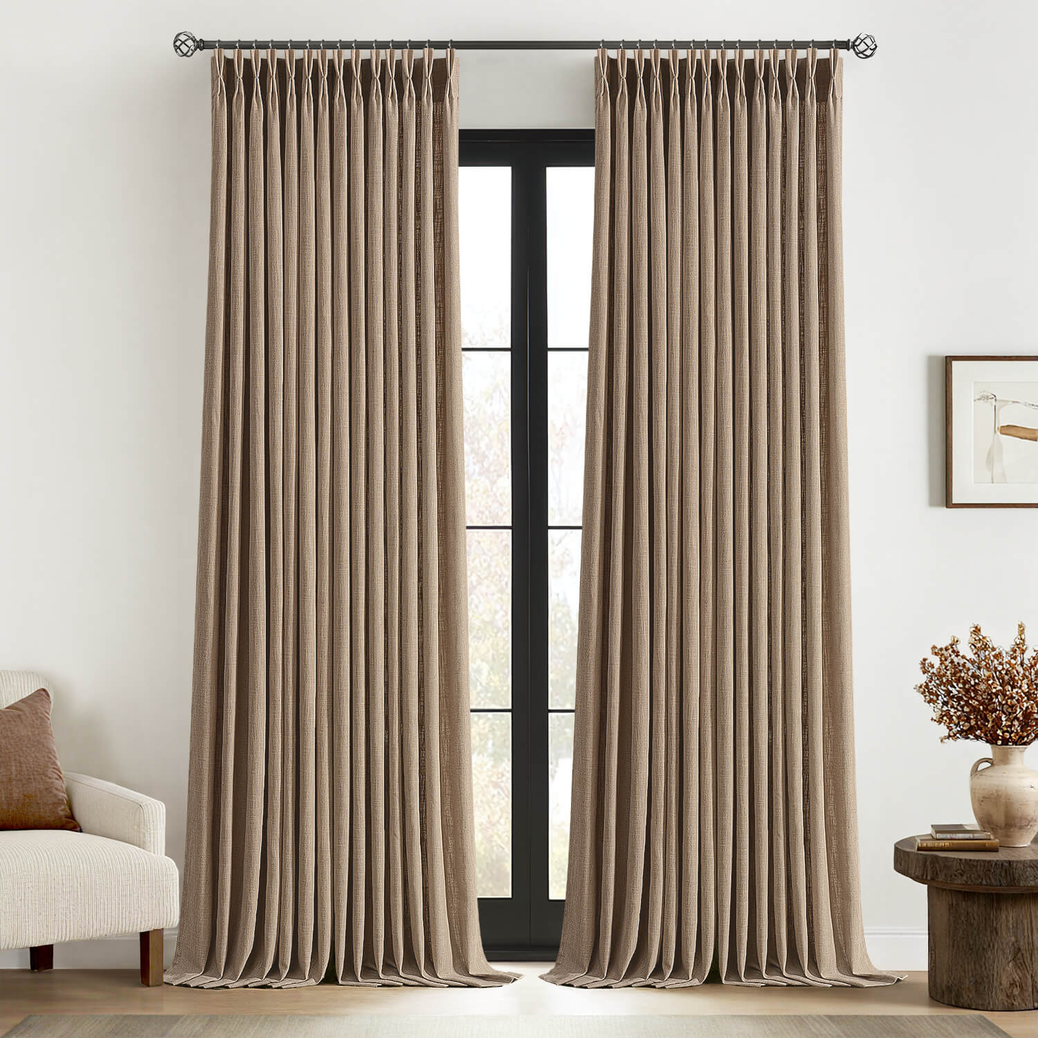 MIULEE Pinch Pleated Linen Curtains 108 Inches Long 2 Panels for Living Room Bedroom Textured Thick Linen Drapes Back Tab Country Farmhouse Brown Tan Burlap Foor to Ceiling Curtains with Hooks&Rings