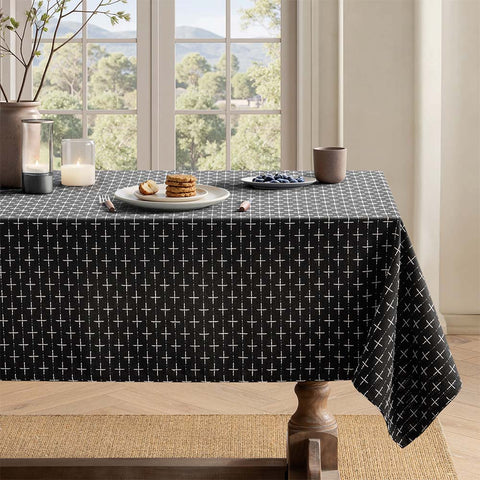 Linen Farmhouse Waterproof Spillproof Cross-Star Textured Tablecloth Black 84Lx60W