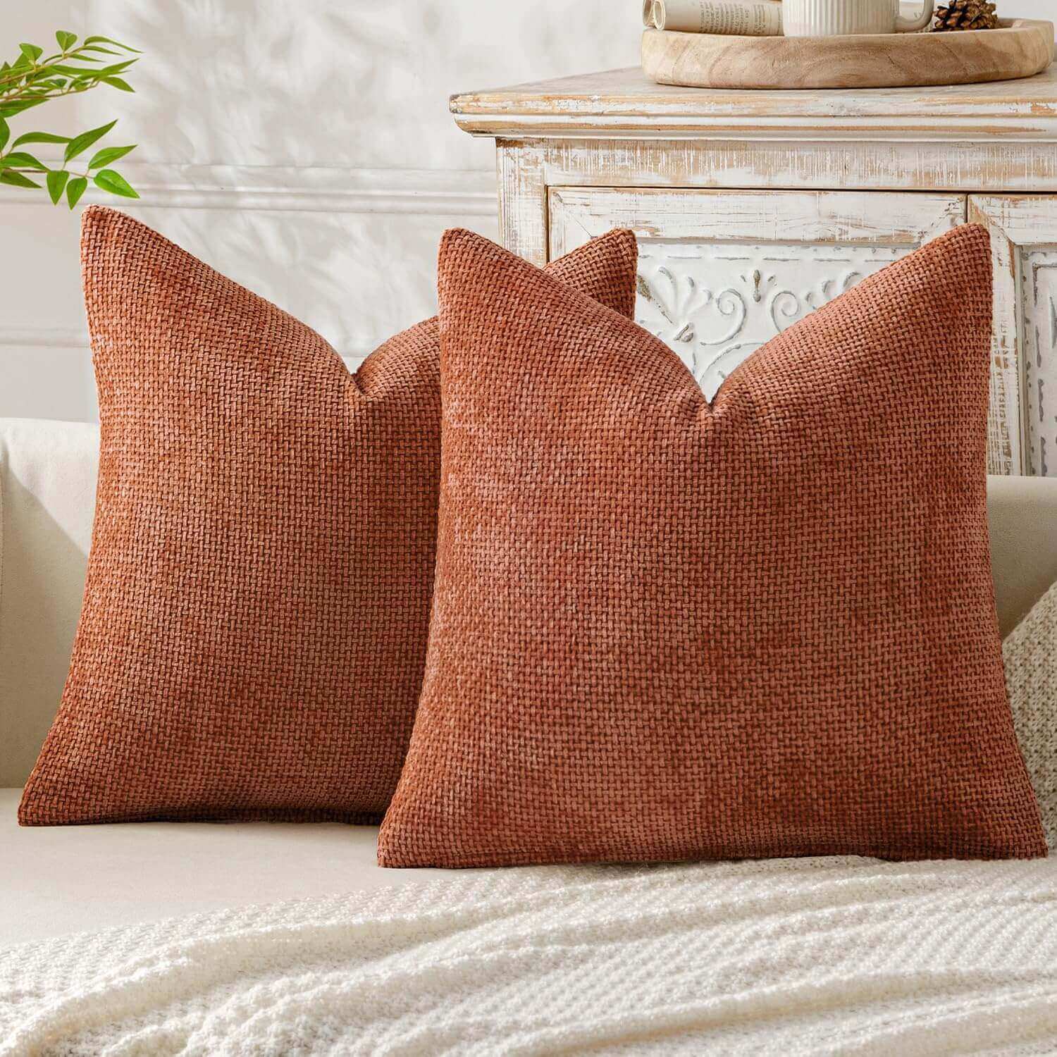 MIULEE Pack of 2 Rust Decorative Pillow Covers 20x20 Inch Soft Chenille Couch Throw Pillows Farmhouse Cushion Covers for Home Decor Sofa Bedroom Living Room