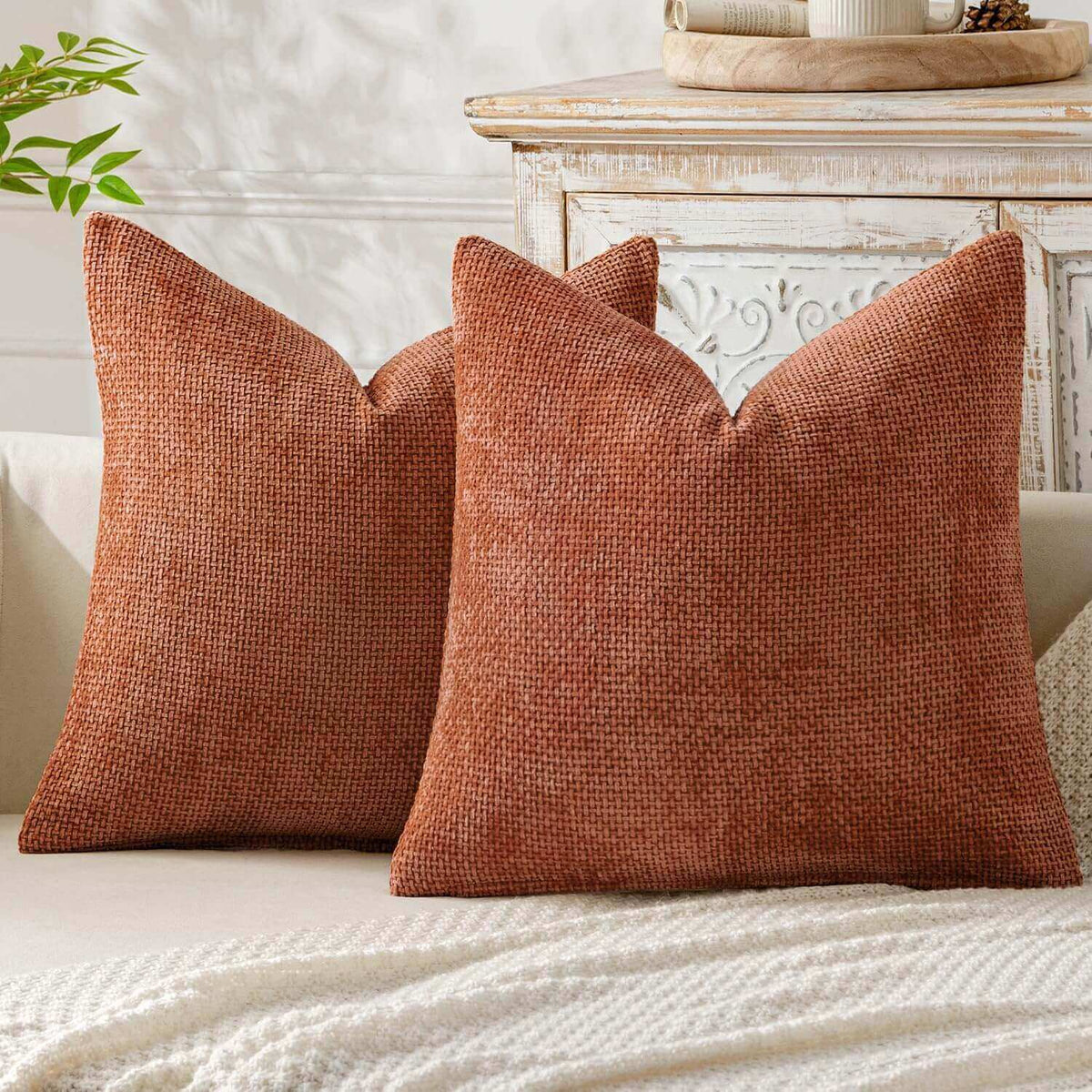 MIULEE Pack of 2 Rust Decorative Pillow Covers 20x20 Inch Soft Chenille Couch Throw Pillows Farmhouse Cushion Covers for Home Decor Sofa Bedroom Living Room