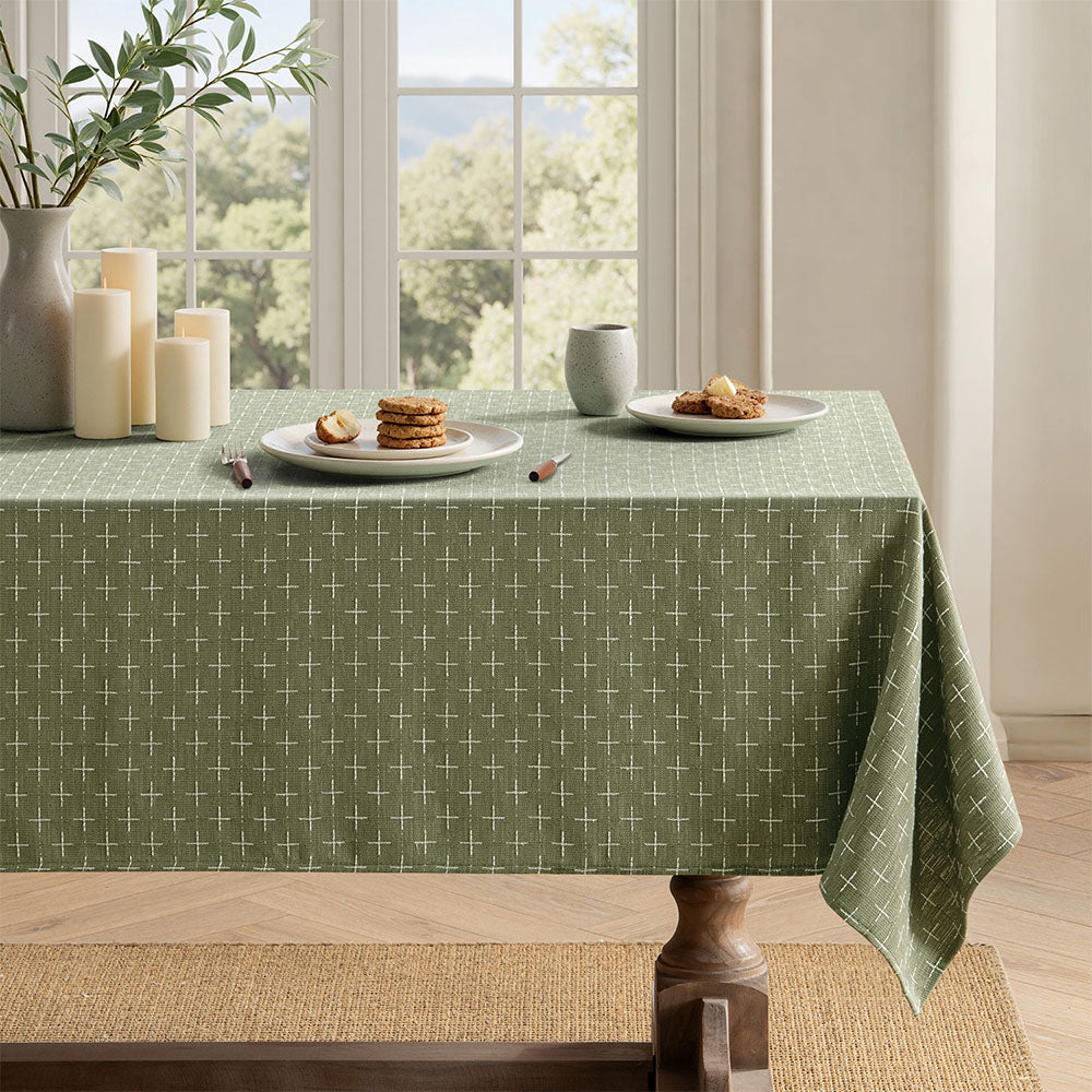 Linen Farmhouse Waterproof Spillproof Cross-Star Textured Tablecloth Sage Green 70Lx52W