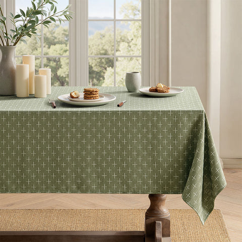 Linen Farmhouse Waterproof Spillproof Cross-Star Textured Tablecloth Sage Green 70Lx52W