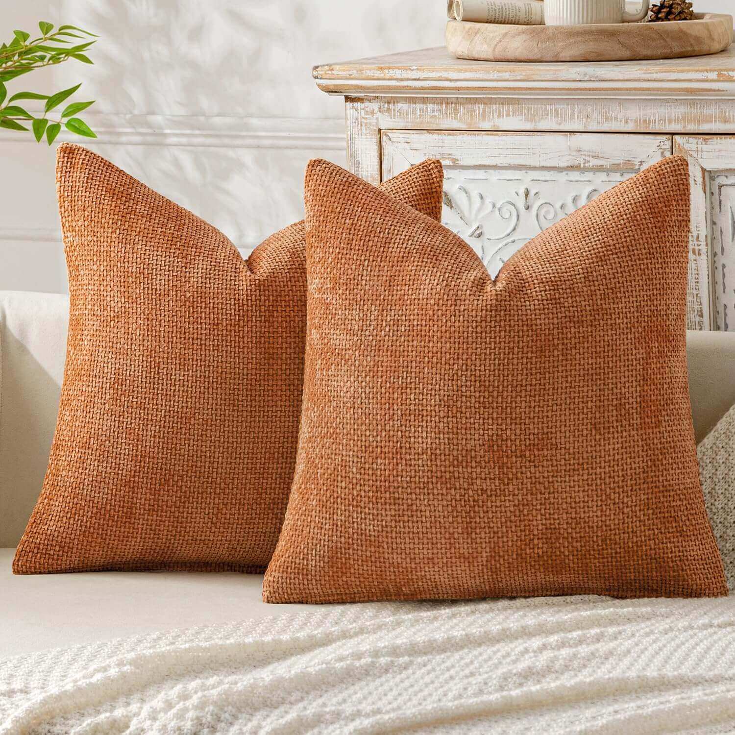 MIULEE Pack of 2 Orange Decorative Pillow Covers 18x18 Inch Soft Chenille Couch Throw Pillows Farmhouse Cushion Covers for Home Decor Sofa Bedroom Living Room