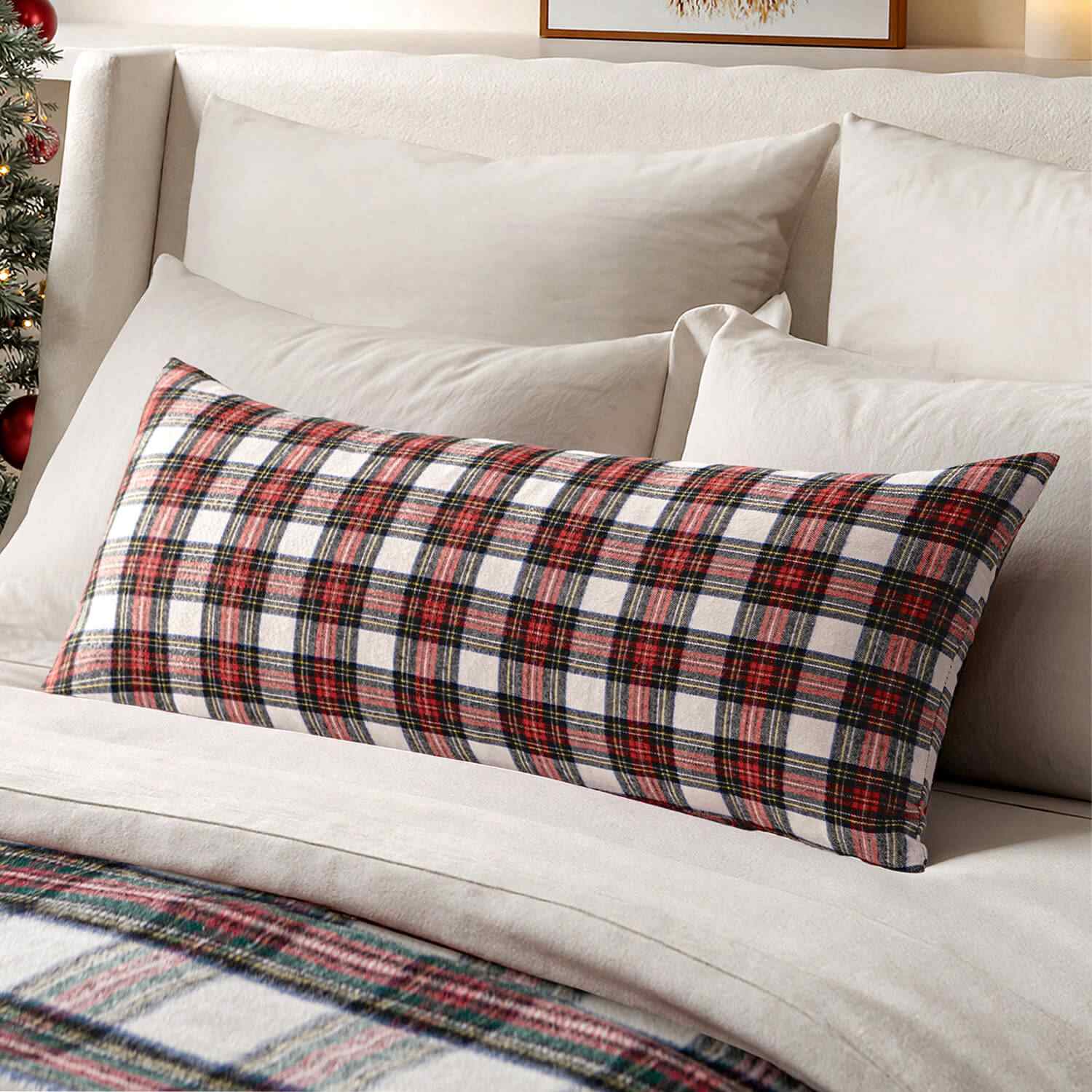 Scottish Tartan Plaid Lumbar Throw Pillow Covers Red and White 14x36-inch