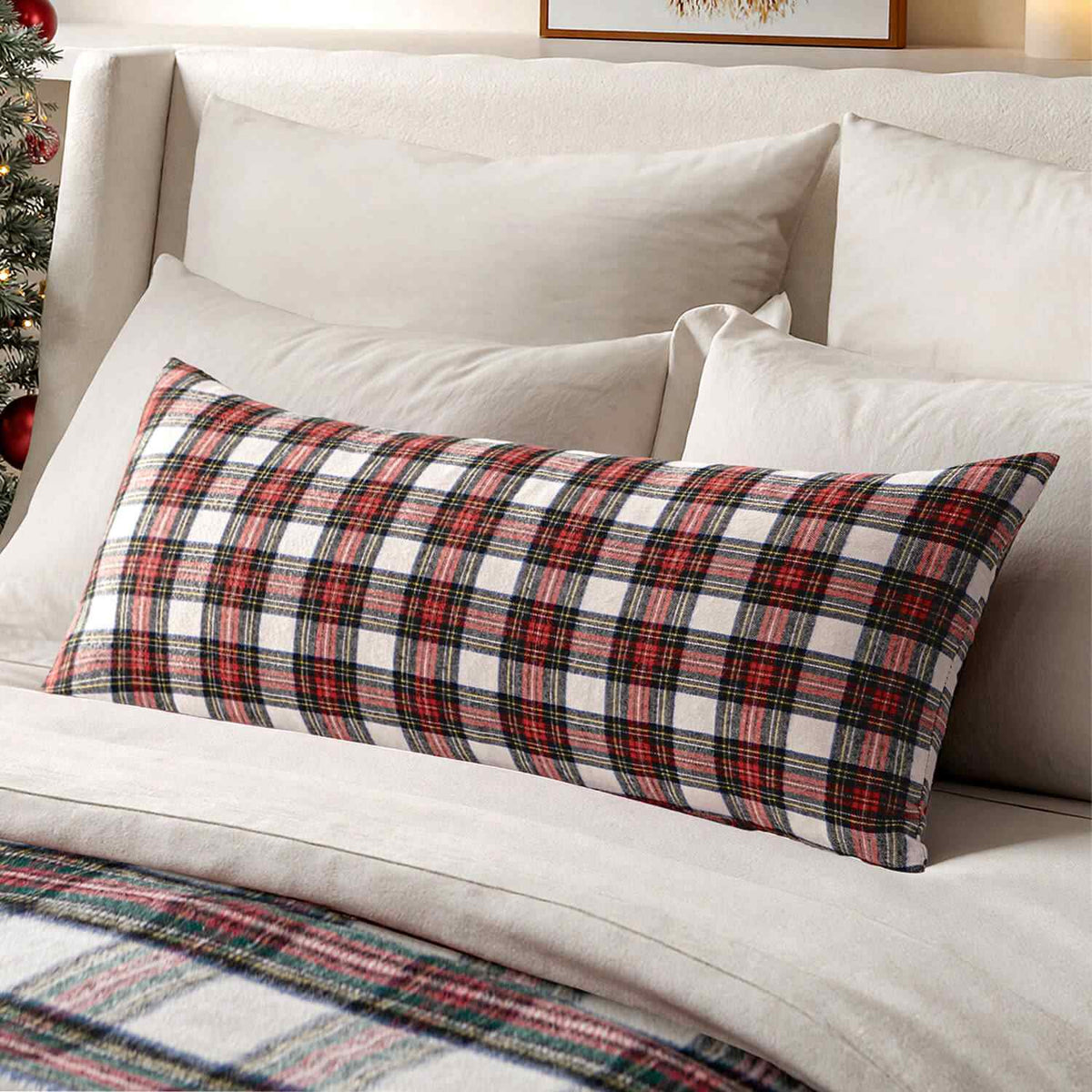 Scottish Tartan Plaid Lumbar Throw Pillow Covers Red and White 14x36-inch