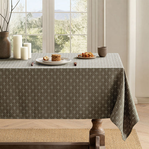 Linen Farmhouse Waterproof Spillproof Cross-Star Textured Tablecloth Taupe 102Lx60W