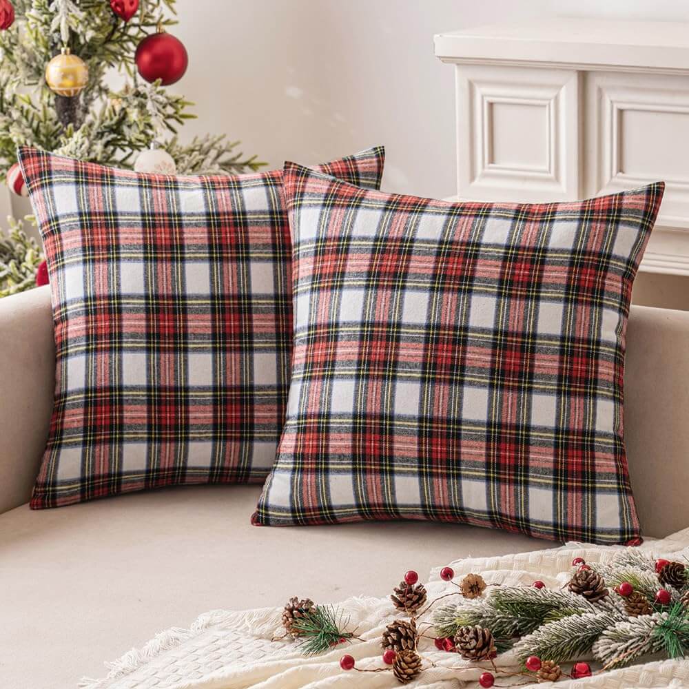 Scottish Tartan Plaid Lumbar Throw Pillow Covers Red and White 26x26-inch