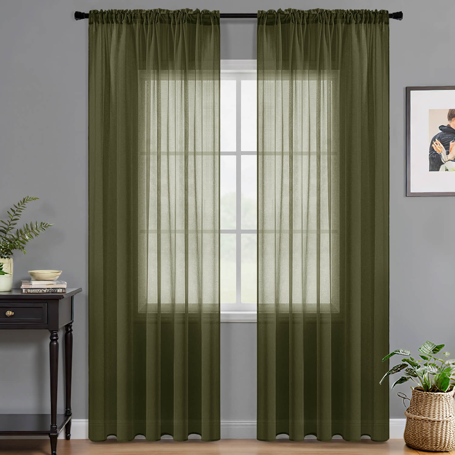 Miulee Sheer Curtains Linen Textured Rod Pocket Light Filtering Voile Window Drapes Olive green 42Wx84L
