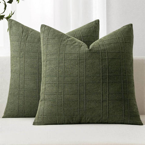 Decorative Linen Check Euro Shams Throw Pillow Covers  Dark Olive Green 18x18-inch