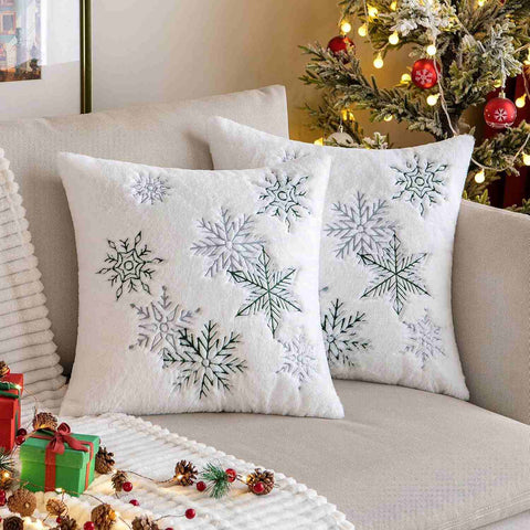 Soft Faux Fur Embroidery Snowflake Pillow Covers Green 16x16-inch