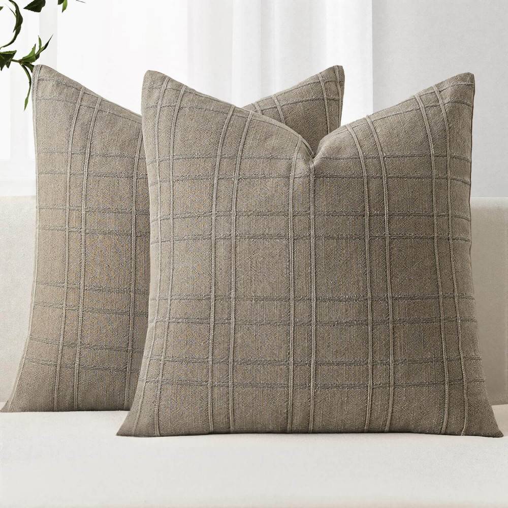 Decorative Linen Check Euro Shams Throw Pillow Covers  Tan Taupe 22x22-inch