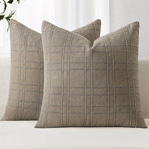 Decorative Linen Check Euro Shams Throw Pillow Covers  Tan Taupe 22x22-inch