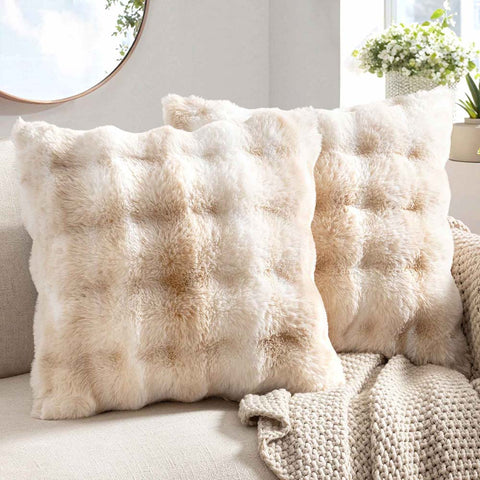 Decorative Pillow Covers Thick Soft Plush Faux Fur Throw Pillows White-Beige 20x20-inch