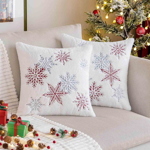 Soft Faux Fur Embroidery Snowflake Pillow Covers Red 16x16-inch