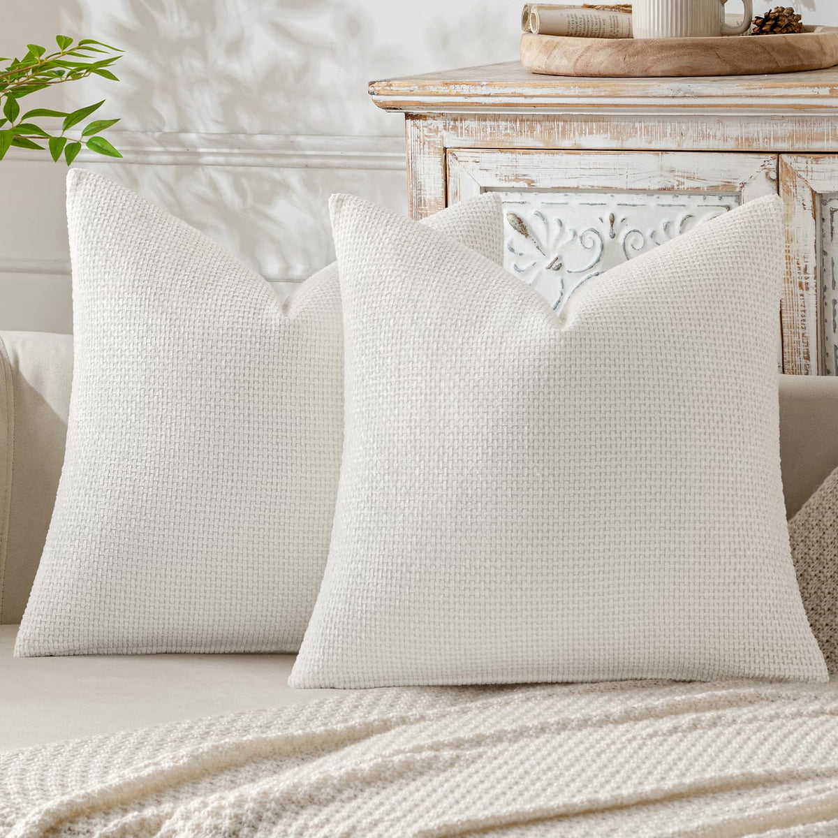 MIULEE Pack of 2 Pure White Decorative Pillow Covers 20x20 Inch Soft Chenille Couch Throw Pillows Farmhouse Cushion Covers for Home Decor Sofa Bedroom Living Room