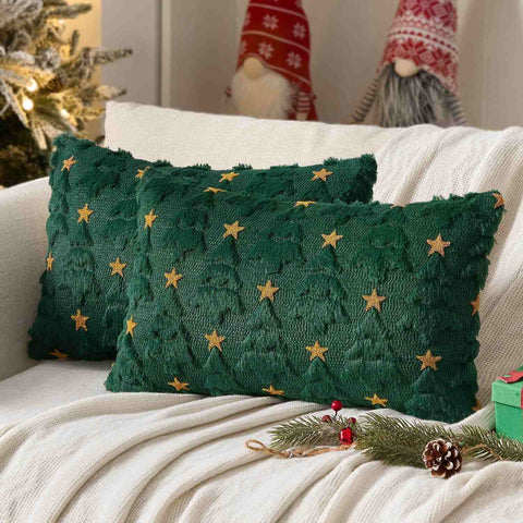Christmas Tree Plush Faux Fur Pillow Covers Green 20x12-inch