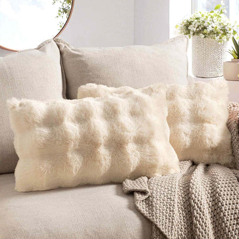Decorative Pillow Covers Thick Soft Plush Faux Fur Throw Pillows Beige 20x12-inch