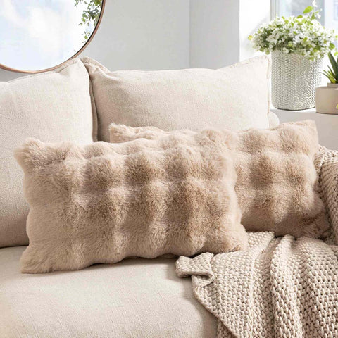 Decorative Pillow Covers Thick Soft Plush Faux Fur Throw Pillows Khaki 20x12-inch