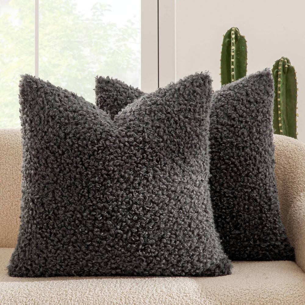 Decorative Fuzzy Sherpa Pillow Covers Dark Gray 18x18-inch