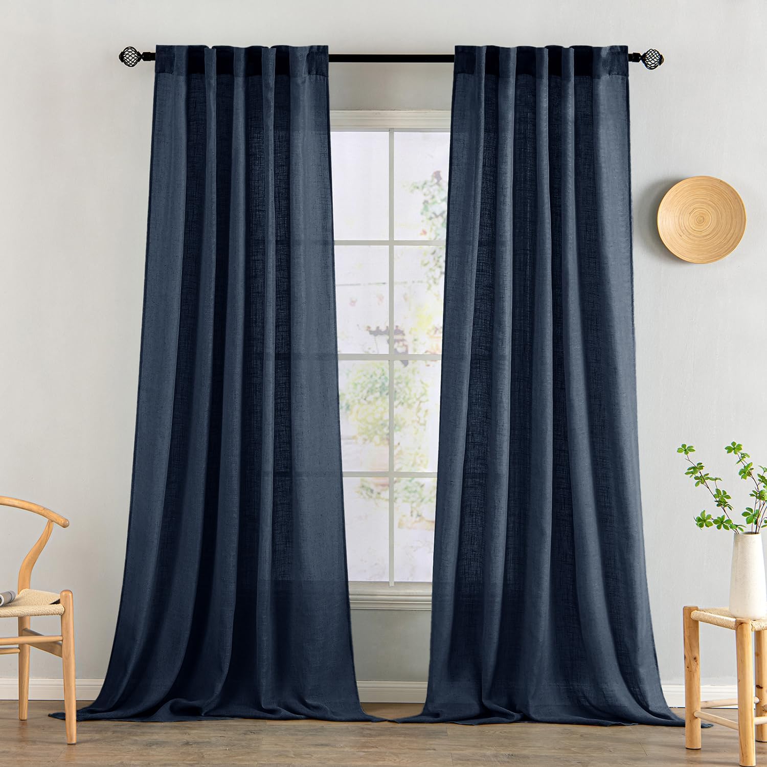 miulee soft thick linen textured window drapes back tab navy blue 52Wx90L