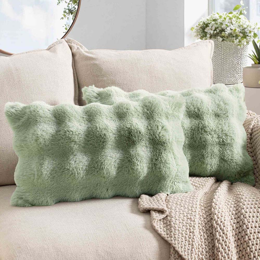 Decorative Pillow Covers Thick Soft Plush Faux Fur Throw Pillows Sage Green 20x12-inch
