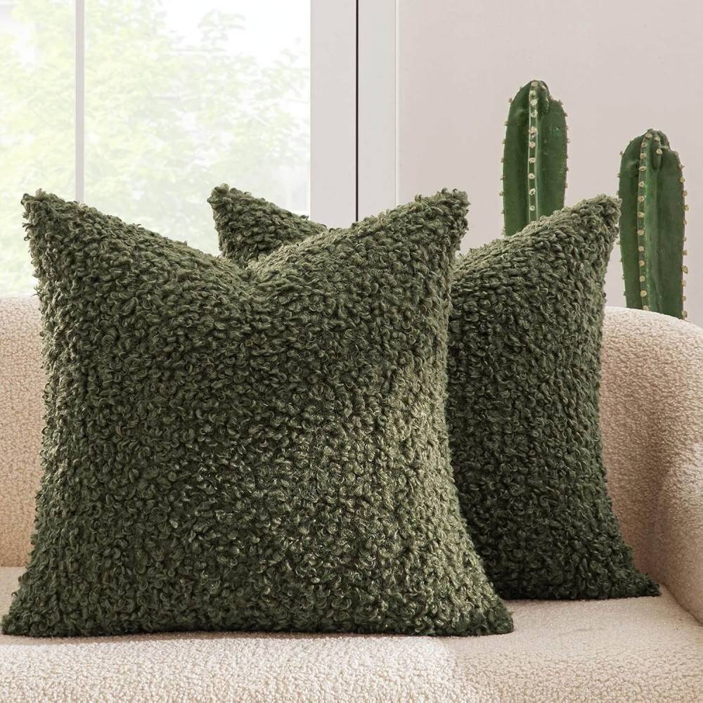 Decorative Fuzzy Sherpa Pillow Covers Olive Green 18x18-inch