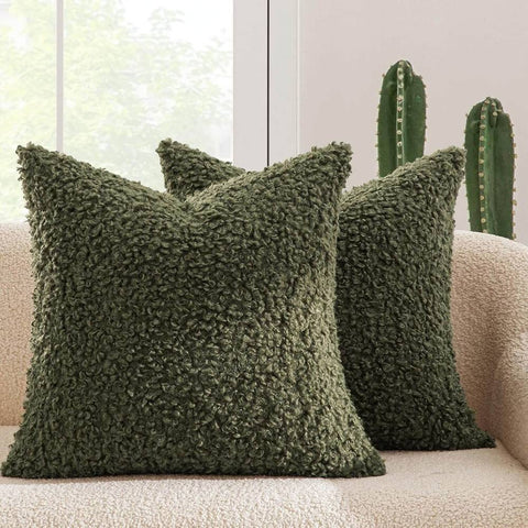 Decorative Fuzzy Sherpa Pillow Covers Olive Green 18x18-inch
