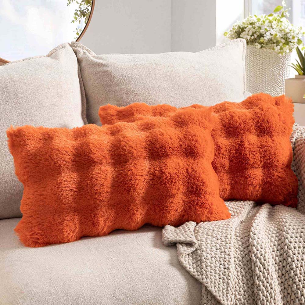 Decorative Pillow Covers Thick Soft Plush Faux Fur Throw Pillows Burnt Orange 20x12-inch