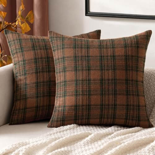 MIULEE Fall Set of 2 Scottish Tartan Plaid Throw Pillow Covers Farmhouse Classic Decorative Square Cushion Cases for Decor Sofa Couch 16x16 Inch, Orange?and?White