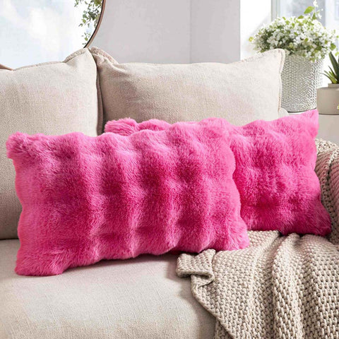 Decorative Pillow Covers Thick Soft Plush Faux Fur Throw Pillows Hot Pink 20x12-inch