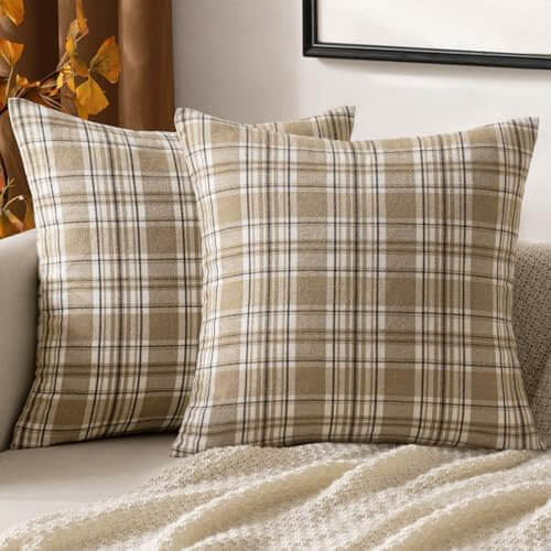 MIULEE Fall Set of 2 Scottish Tartan Plaid Euro Sham Throw Pillow Covers Farmhouse Classic Decorative Square Cases for Decor Sofa Couch 24x24, Brown?and?White