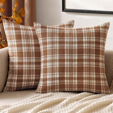 MIULEE Fall Set of 2 Scottish Tartan Plaid Euro Sham Throw Pillow Covers Farmhouse Classic Decorative Square Cases for Decor Sofa Couch 24x24, Orange