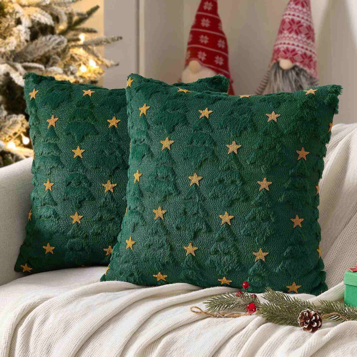 Christmas Tree Plush Faux Fur Pillow Covers Green 16x16-inch