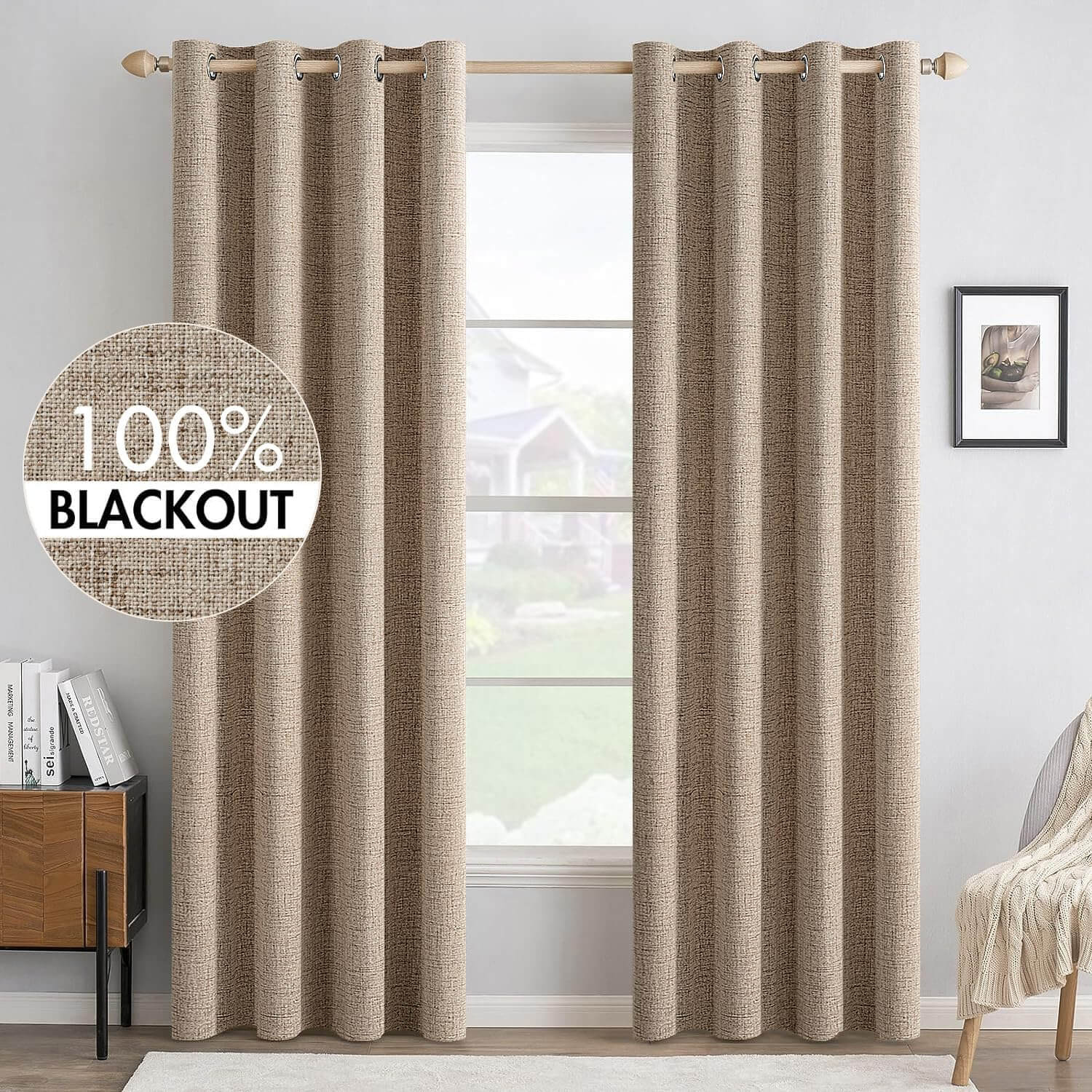 MIULEE 100% Blackout Linen Textured Curtains 52 x 84 Inch