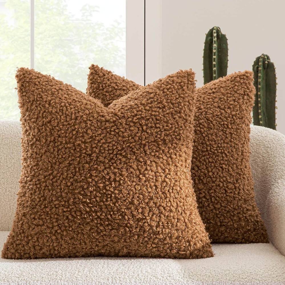 Decorative Fuzzy Sherpa Pillow Covers Bronze 20x20-inch