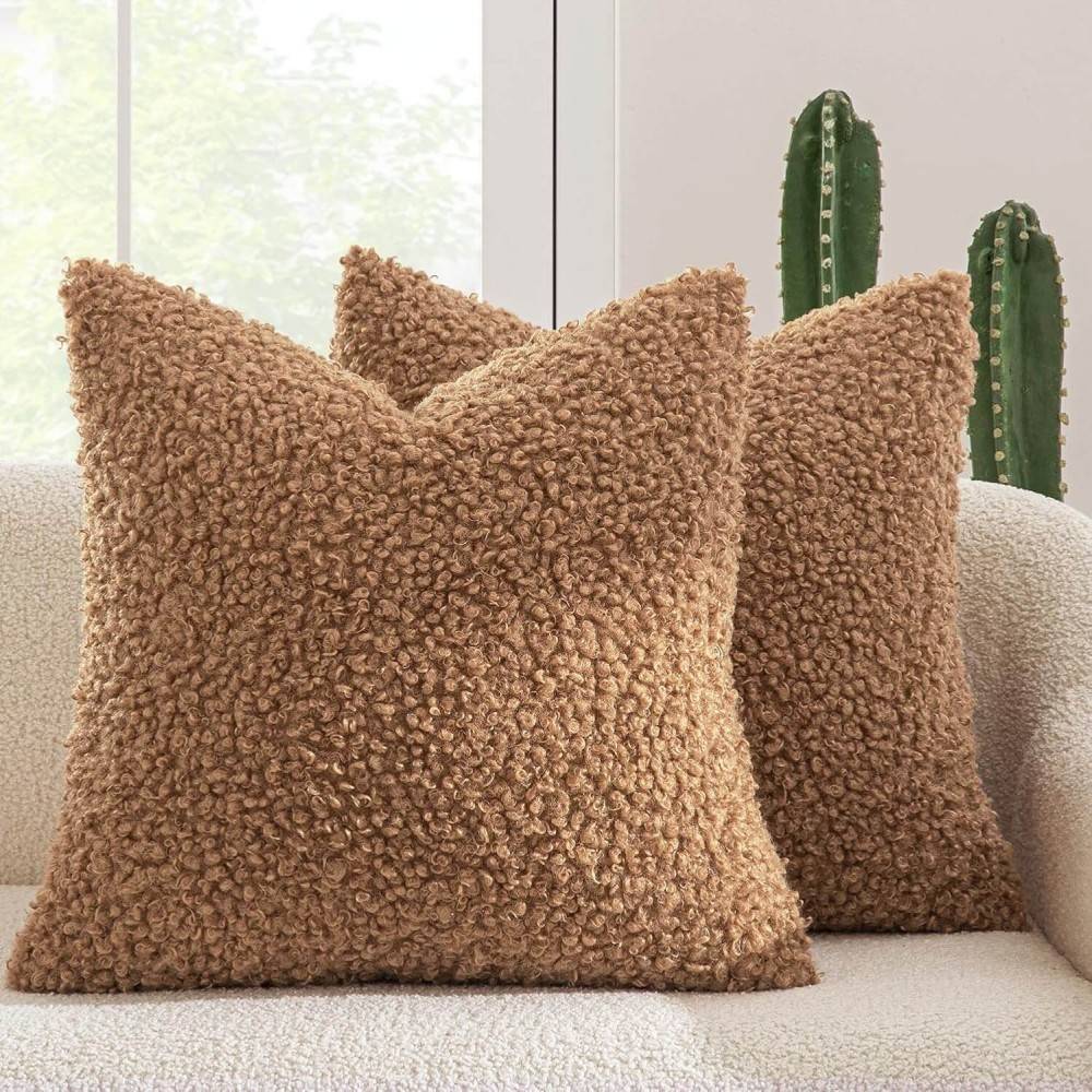 Decorative Fuzzy Sherpa Pillow Covers Brown 18x18-inch