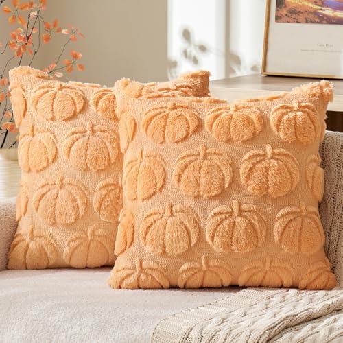 MIULEE Fall Throw Pillow Covers 24x24 Set of 2 Autumn Decorations Orange Pumpkin Accent Pillowcase for Sofa Couch Porch Bed Living Room Soft Plush Faux Fur Halloween Farmhouse Home Decor