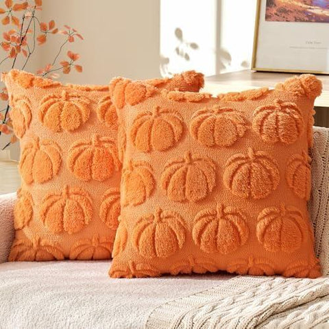 MIULEE Fall Throw Pillow Covers 16x16 Set of 2 Autumn Decorations Cream White Pumpkin Accent Pillowcase for Sofa Couch Porch Bed Living Room Soft Plush Faux Fur Halloween Farmhouse Home Decor